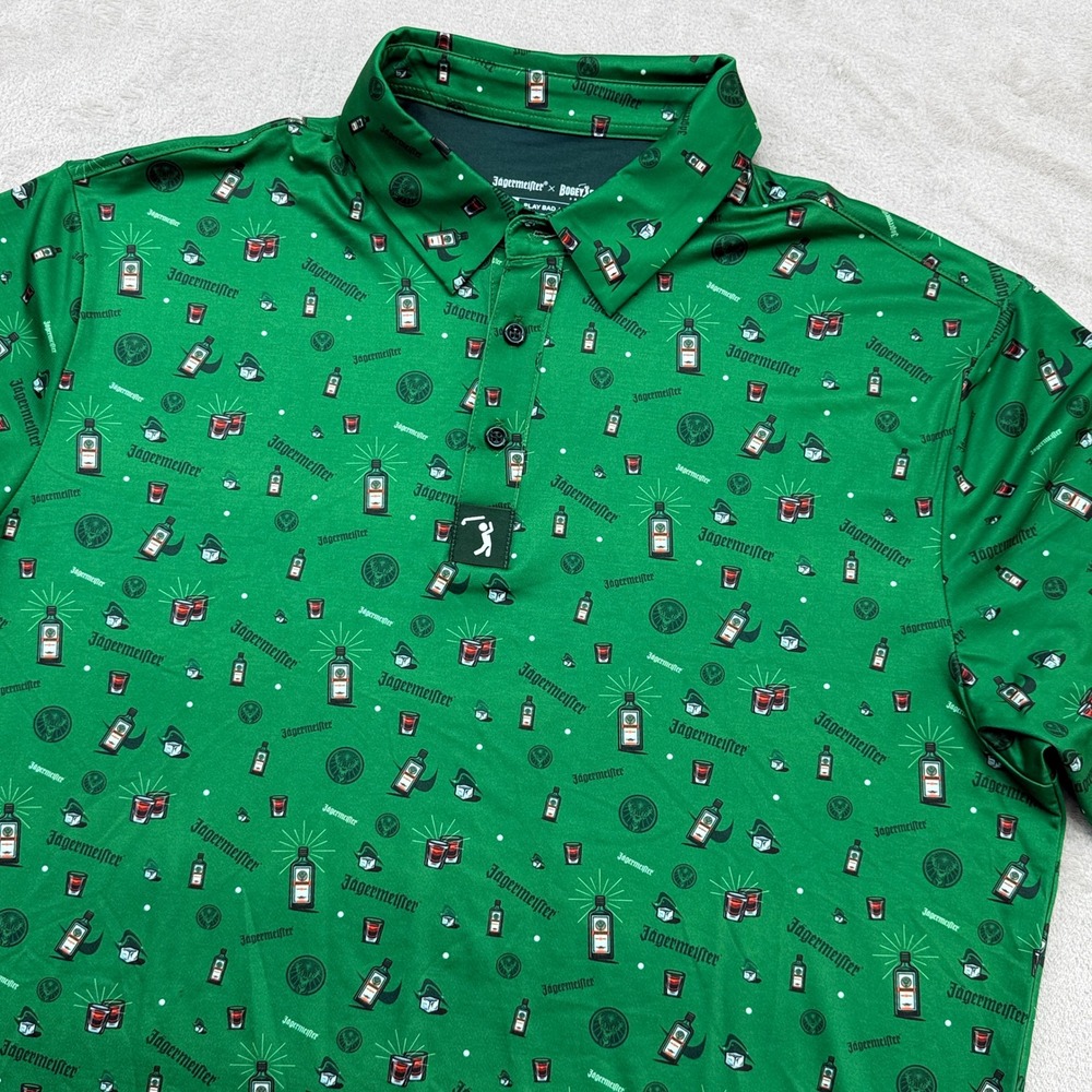 Bogey Bros Jagermeister Polo Shirt Mens Large Green Liquor Print Golf Sport